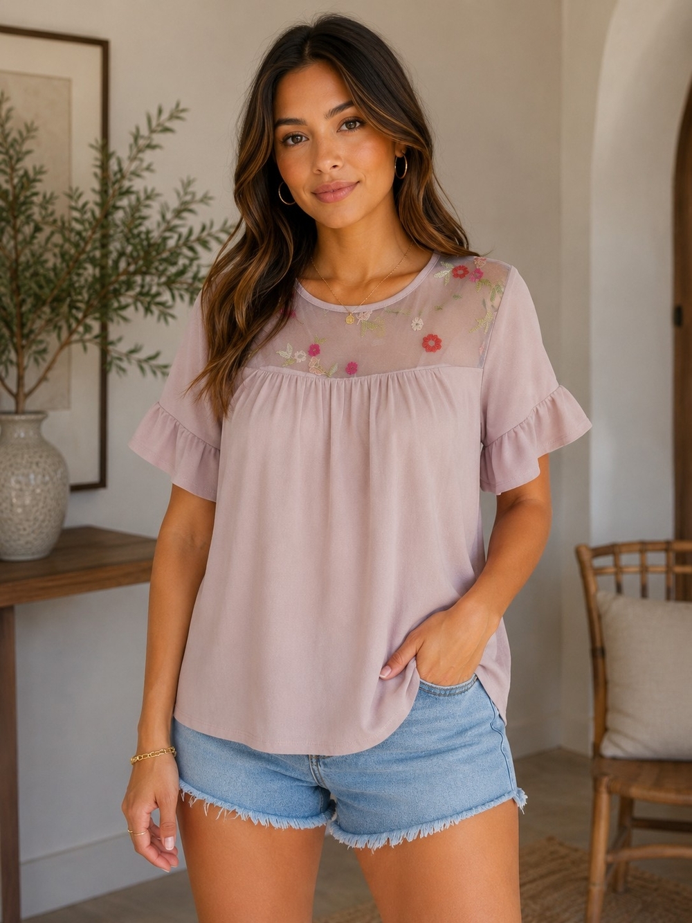 Floral Yoke Ruffle Sleeve Top - Dusty Mauve